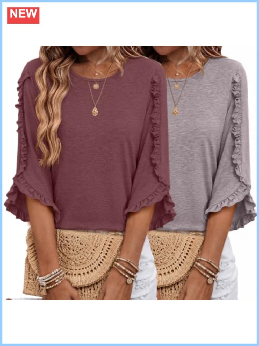 2 Pack 3/4 Sleeve Womens Tops Crewneck Ruffle Sleeve Shirts